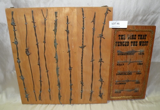 2 DISPLAY BOARDS W/PRIMITIVE BARBED WIRE SAMPLES