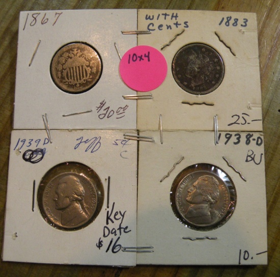 1867 SHIELD, 1883 V W/CENTS, 1938-D, 39-D JEFFERSON NICKELS - 4 TIMES MONEY