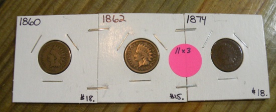 1860, 1862, 1874 INDIAN HEAD PENNIES - 3 TIMES MONEY