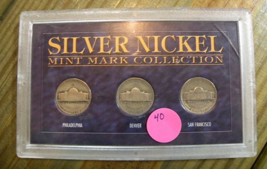 SILVER NICKEL MINT MARK COLLECTION - 3 COINS W/PLASTIC CASE