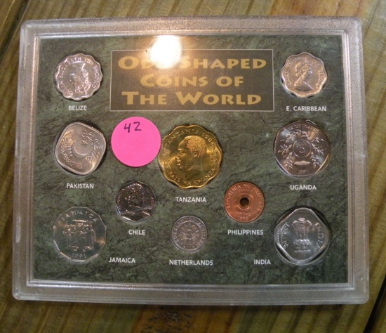 ODD SHAPED COINS OF THE WORLD W/HARD PLASTIC CASE - 10 COINS