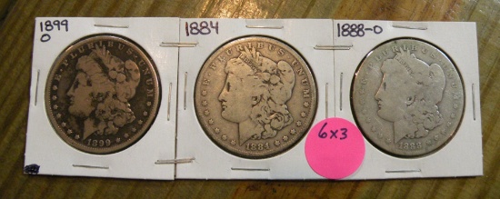 1884, 1888-O, 1899-O MORGAN SILVER DOLLARS - 3 TIMES MONEY