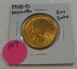 1908-D NO MOTTO 10 DOLLAR INDIAN GOLD COIN - KEY DATE
