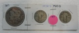 3 U.S. SILVER COINS - 1887 MORGAN DOLLAR, 1927-D AND 1928-S QUARTERS