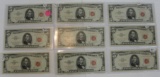 9 RED SEAL FIVE DOLLAR NOTES - 1953-1963