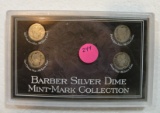 BARBER SILVER DIME MINT MARK COLLECTION W/PLASTIC CASE - 4 COINS
