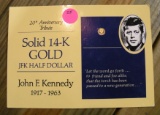 MINIATURE SOLID 14K GOLD JFK HALF DOLLAR COIN
