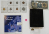 FLAT BOX OF ASSORTED FOREIGN COINS, ONE PAPER NOTE