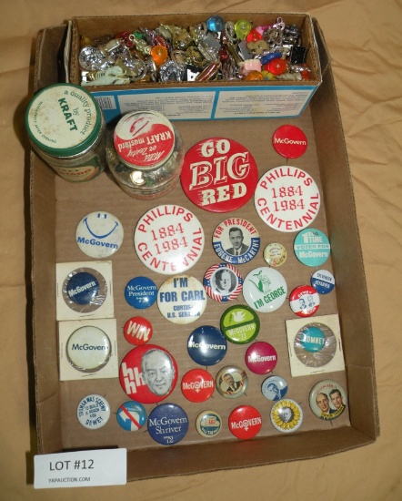 POLITICAL/ADVERTISING PINS, COSTUME/PLASTIC JEWELRY