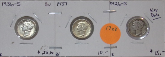 1926-S, 1936-S, 1937 MERCURY DIMES - 3 TIMES MONEY