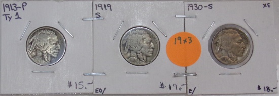1913 TYPE 1, 1919-S, 1930-S BUFFALO NICKELS - 3 TIMES MONEY