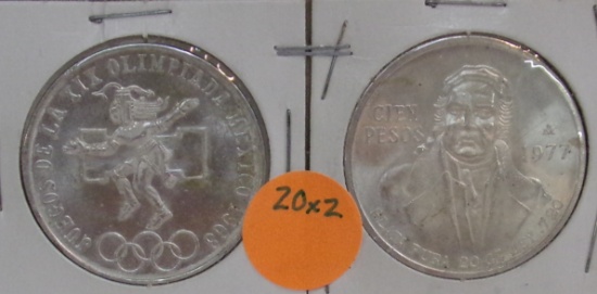1968 OLYMPICS 25 PESOS, 1977 CIEN PESOS MEXICO SILVER COINS - 2 TIMES MONEY