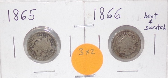 1865, 1866 NICKEL THREE CENT COINS - 2 TIMES MONEY