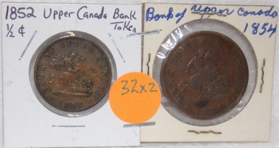 1852 HALF PENNY, 1854 PENNY - BANK OF UPPER CANADA - 2 TIMES MONEY