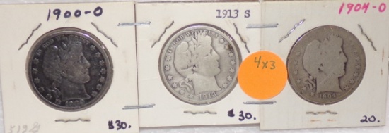 1900-O, 1904-O, 1913-S BARBER HALF DOLLARS - 3 TIMES MONEY