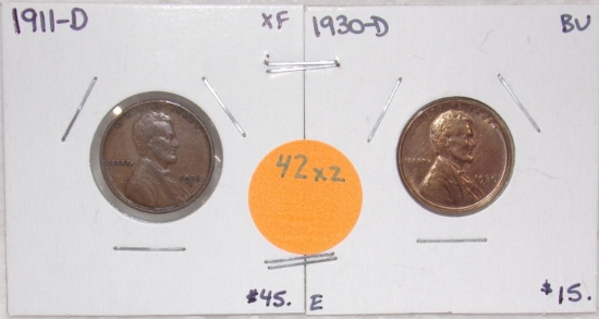 1911-D, 1930-D LINCOLN WHEAT PENNIES - 2 TIMES MONEY