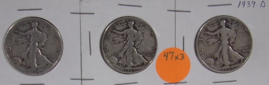 1934, 1939, 1939-D WALKING LIBERTY HALF DOLLARS - 3 TIMES MONEY