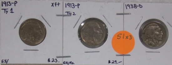1913 TYPE 1, 1913 TYPE 2, 1938-D BUFFALO NICKELS - 3 TIMES MONEY