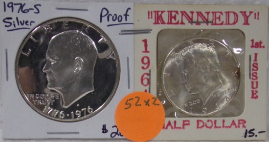 1964 KENNEDY HALF, 1976-S EISENHOWER PROOF DOLLAR - 2 TIMES MONEY