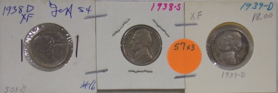 1938-D, 1938-S, 1939-D JEFFERSON NICKELS - 3 TIMES MONEY