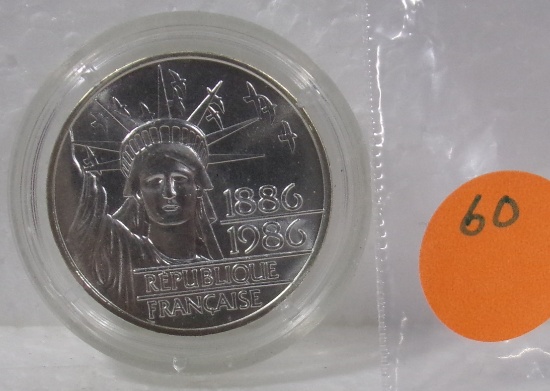 1886-1986 LIBERTY COMMEMORATIVE SILVER 100 FRANCS COIN