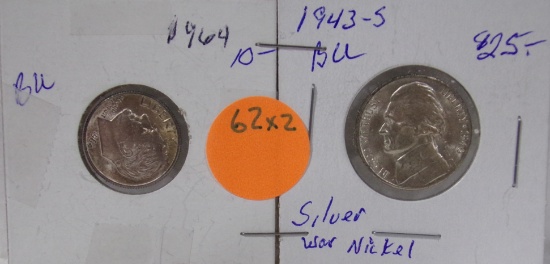 1943-S SILVER NICKEL, 1964 SILVER DIME - 2 TIMES MONEY
