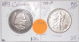 1893 COLUMBIAN EXPO, 1944 WALKING LIBERTY HALF DOLLARS - 2 TIMES MONEY