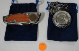 INDIAN HEAD PENNY FOLDING KNIFE, KENNEDY HALF DOLLAR POCKET WATCH