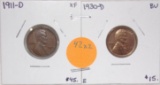 1911-D, 1930-D LINCOLN WHEAT PENNIES - 2 TIMES MONEY