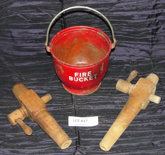 TIN FIRE BUCKET W/WIRE HANDLE, 2 WOOD KEG SPIGOTS