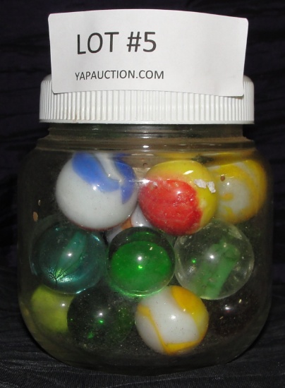 SMALL JAR OF ASSORTED SHOOTER SIZE MARBLES