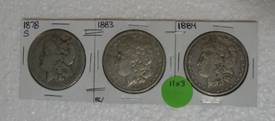 1878-S, 1883, 1884 MORGAN SILVER DOLLAR - 3 TIMES MONEY