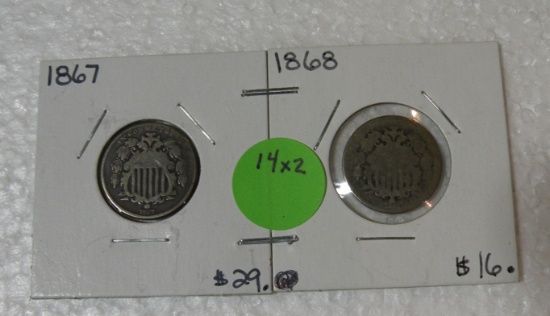 1867, 1868 SHIELD NICKELS - 2 TIMES MONEY