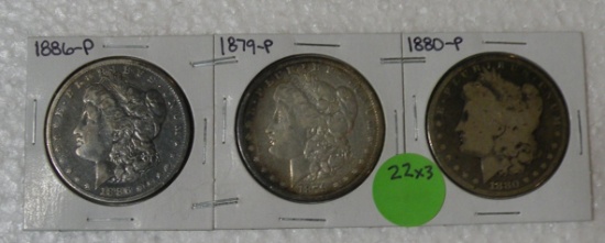 1879, 1880, 1886 MORGAN SILVER DOLLARS - 3 TIMES MONEY