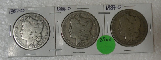 1887-O, 1888-O, 1889-O MORGAN SILVER DOLLARS - 3 TIMES MONEY