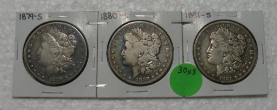 1879-S, 1880-S, 1881-S MORGAN SILVER DOLLARS - 3 TIMES MONEY