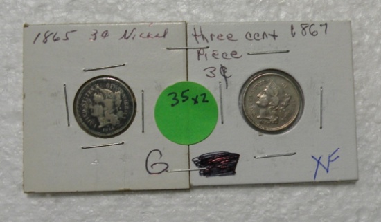 1865, 1867 NICKEL THREE CENT PIECES - 2 TIMES MONEY