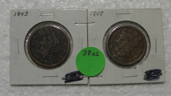 1843, 1848 BRAIDED HAIR LARGE CENTS - 2 TIMES MONEY