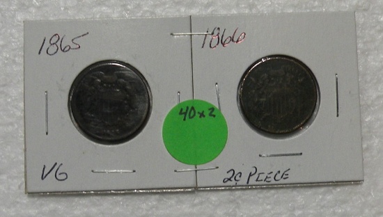 1865, 1866 TWO-CENT PIECES - 2 TIMES MONEY