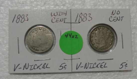 1883 W/CENTS, 1883 - NO CENTS V NICKELS - 2 TIMES MONEY