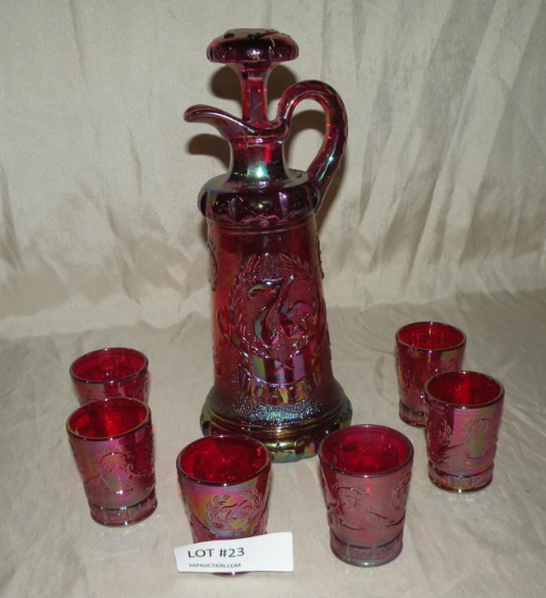 HEART OF AMERICA CARNIVAL GLASS ASSOCIATION DECANTER W/6 CORDIALS