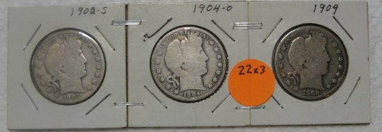 1902-S, 1904-O, 1909 BARBER HALF DOLLARS - 3 TIMES MONEY