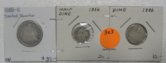 1856 SEATED HALF DIME, 1886 SEATED DIME, 188-S SEATED QUARTER - 3 TIMES MONEY