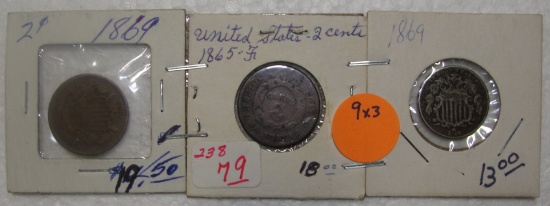 1865 2 CENTS, 1869 2 CENTS, 1869 SHIELD NICKEL - 3 TIMES MONEY