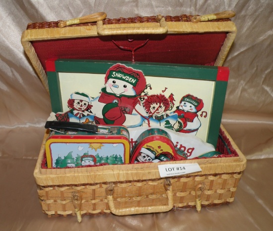 WICKER BASKET OF SNOWDEN COLLECTIBLES, DECORATIONS