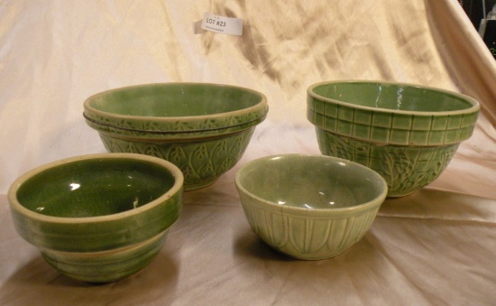 4 ASSORTED GREEN STONEWARE BOWLS - ONE CRACKED