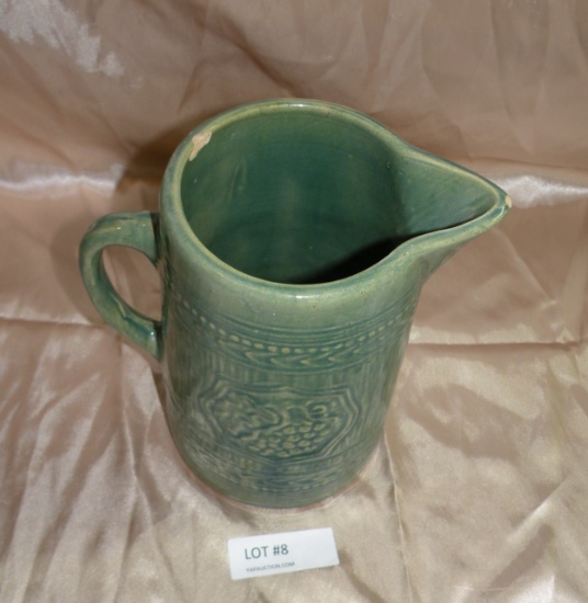 VINTAGE GREEN STONEWARE PITCHER - COUPLE CHIPS