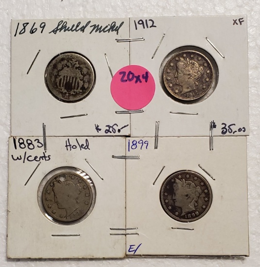 1869 SHIELD, 1883 V W/CENTS, 1899 V, 1912 V NICKELS - 4 TIMES MONEY