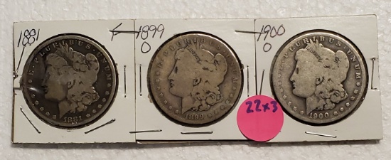 1881, 1899-O, 1900-O MORGAN SILVER DOLLARS - 3 TIMES MONEY