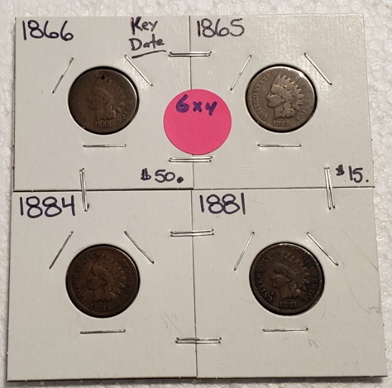 1865, 1866, 1881, 1884 INDIAN HEAD CENTS - 4 TIMES MONEY